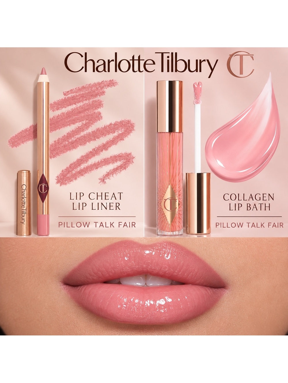 Charlotte Tilbury Lip Cheat Lip Liner & Collagen Lip Bath Gloss Pillow Talk Fair